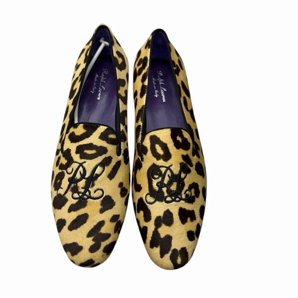 Ralph Lauren Purple Label NEW 11.5 D Calf Hair RL Script Alonzo Leopard Slippers